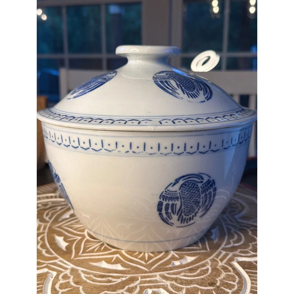 Vintage Blue and White Porcelain Crane Tureen Lidded Chinoiserie - 9in